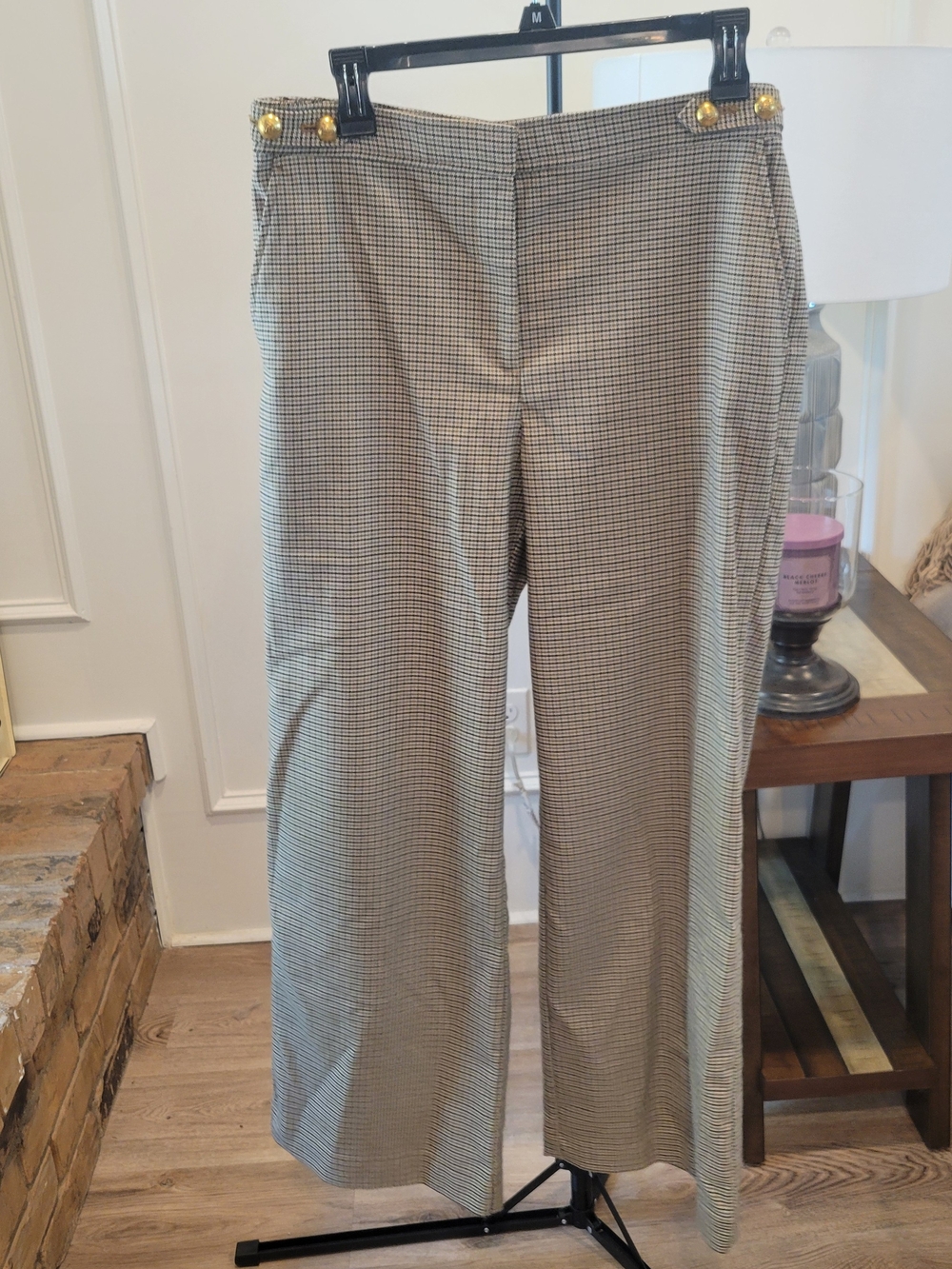 LOFT Black & White Houndstooth Wide-Leg Pants with Gold Buttons